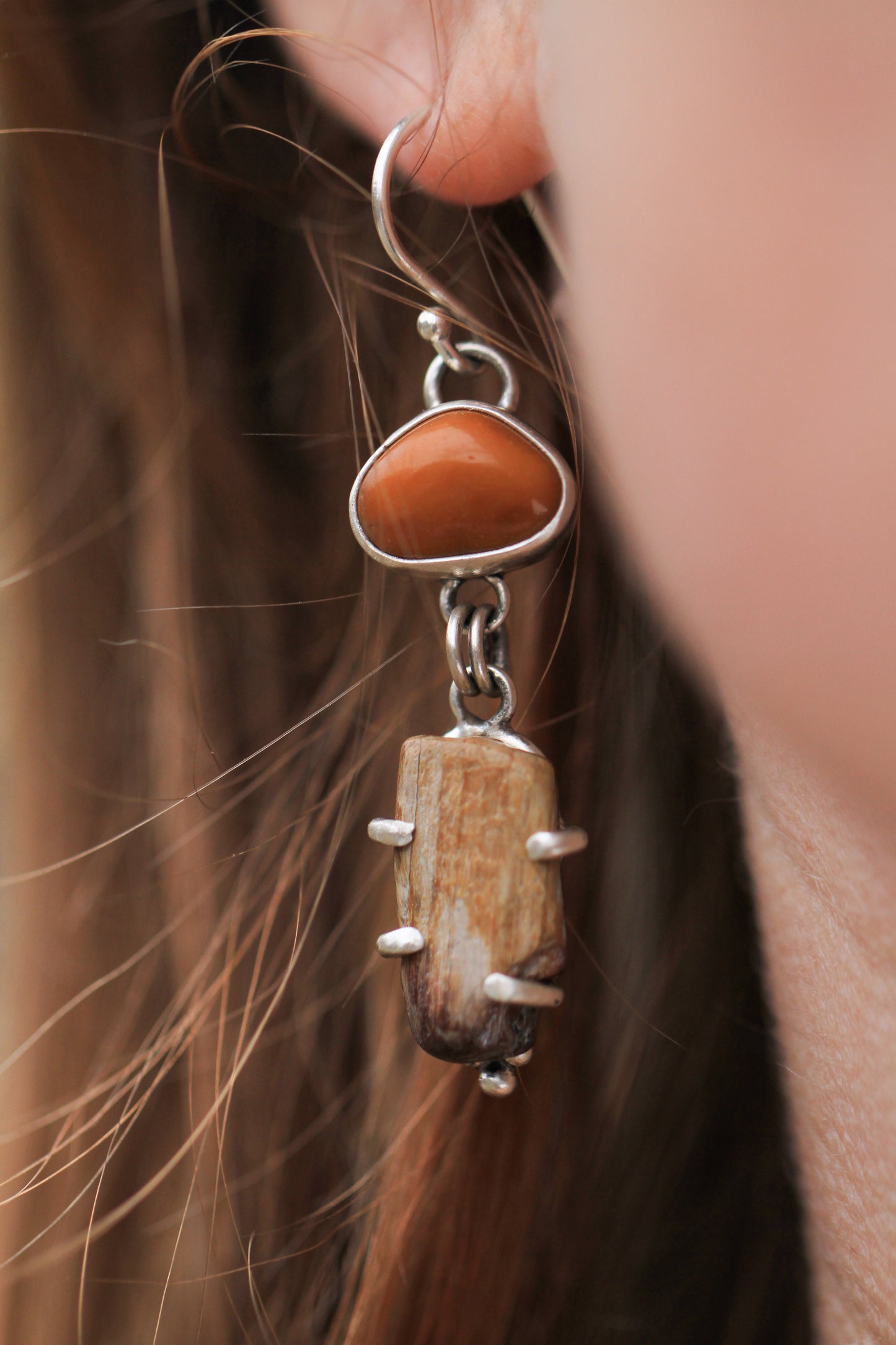Agate and Petrfied Wood Earrings